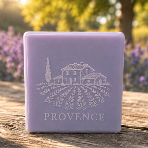 savon artisanal gravé parfum lavande carré et gravé champs de lavande